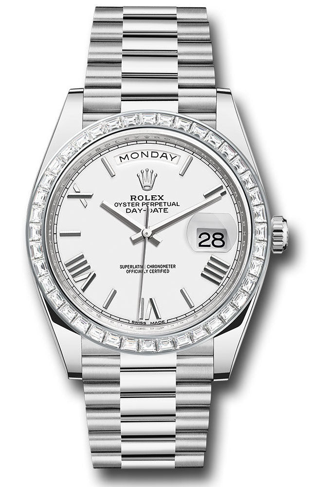 Rolex 950 Platinum Day-Date 40 Watch - Baguette Diamond Bezel - White Bevelled Roman Dial - President Bracelet - 228396TBR