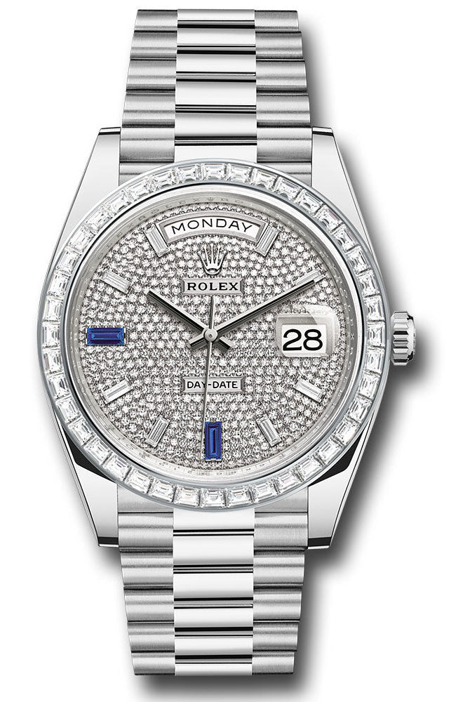 Rolex Platinum Day-Date 40 Watch - Baguette Diamond Bezel - Diamond And Sapphire Paved Diamond Dial - President Bracelet -
