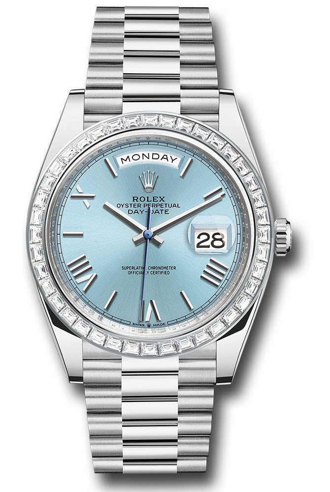 Rolex Platinum Day-Date 40 Watch - Baguette Diamond Bezel - Ice Blue Roman Dial - President Bracelet - 228396tbr ibrp