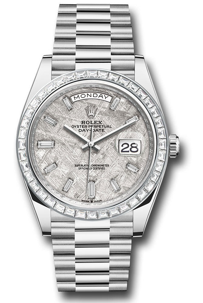 Rolex Platinum Day-Date 40 Watch - Baguette Diamond Bezel - Meteorite Diamond Dial - President Bracelet - 228396tbr mtdp