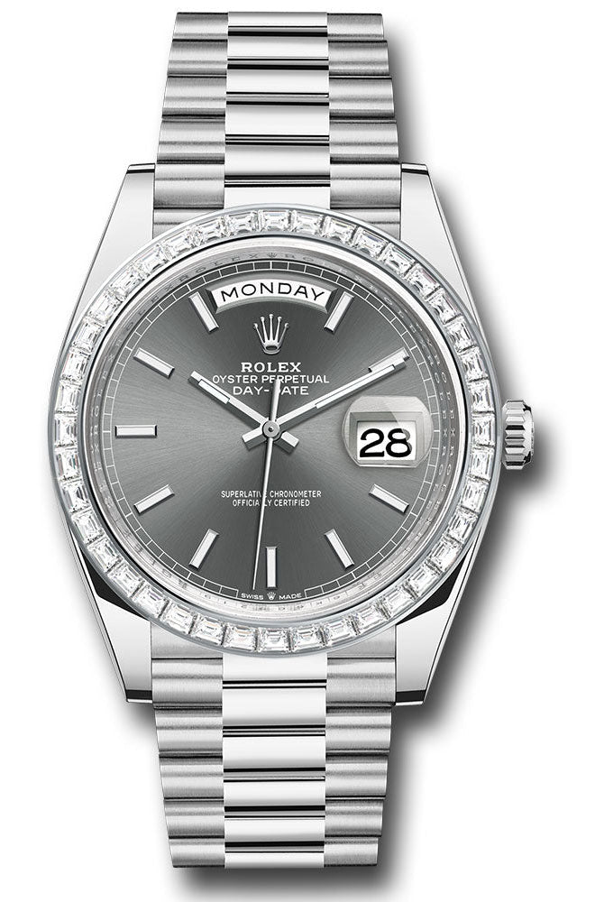 Rolex Platinum Day-Date 40 Watch - Baguette Diamond Bezel - Slate Index Dial - President Bracelet - 228396tbr slip