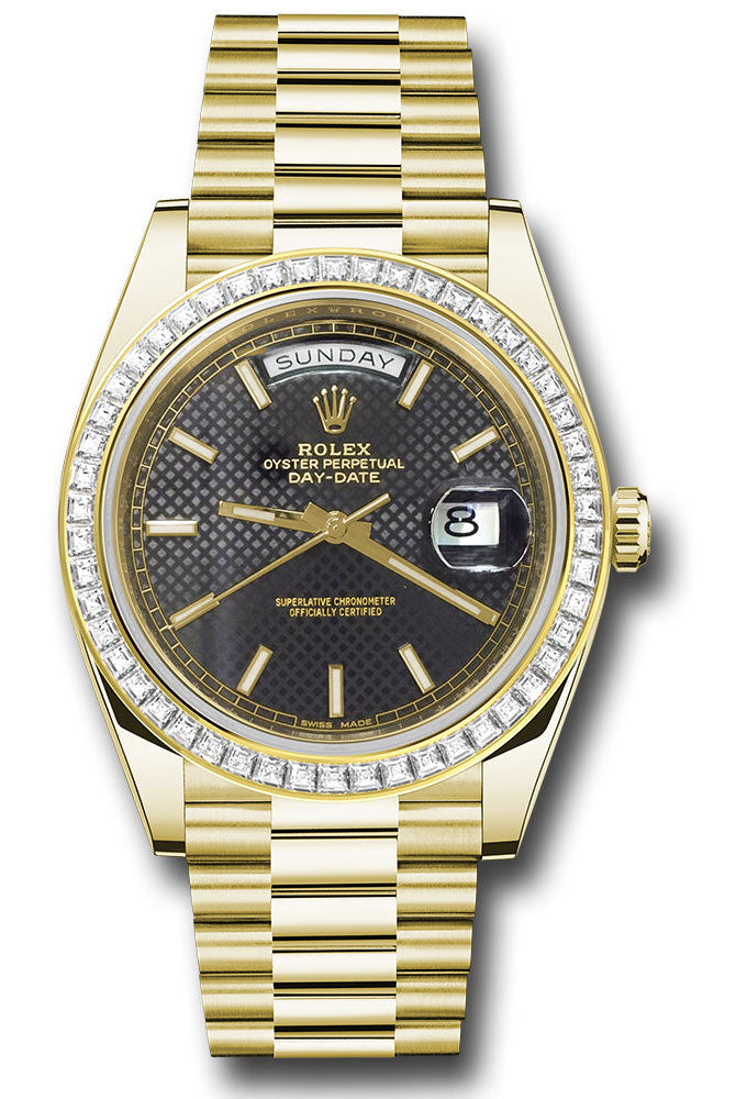 Rolex Yellow Gold Day-Date 40 Watch - Baguette Diamond Bezel - Black Diagonal Motif Index Dial - President Bracelet -