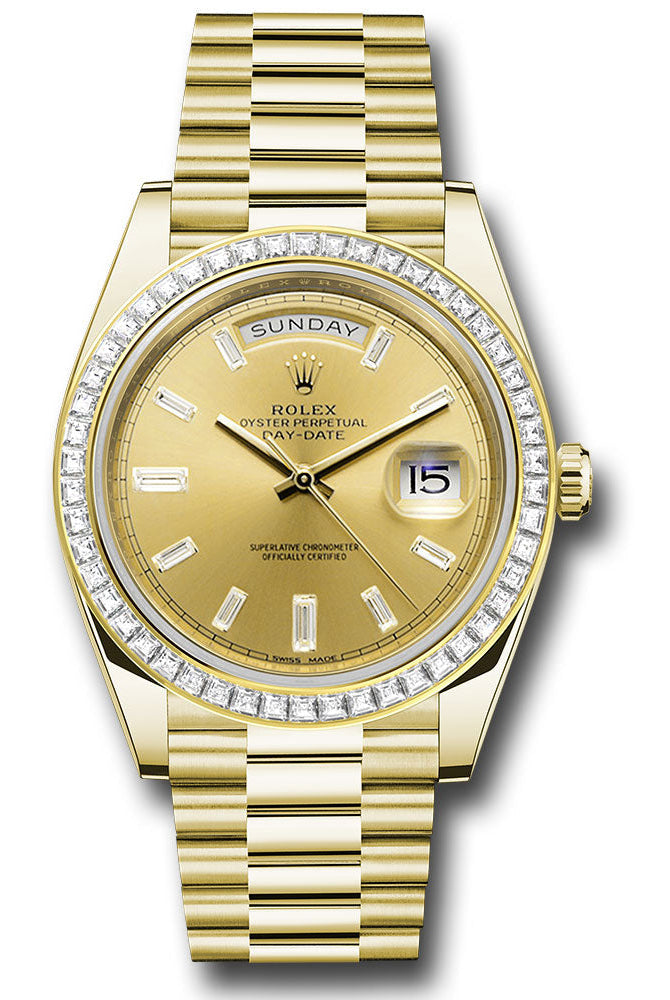 Rolex Yellow Gold Day-Date 40 Watch - Baguette Diamond Bezel - Champagne Baguette Diamond Dial - President Bracelet -