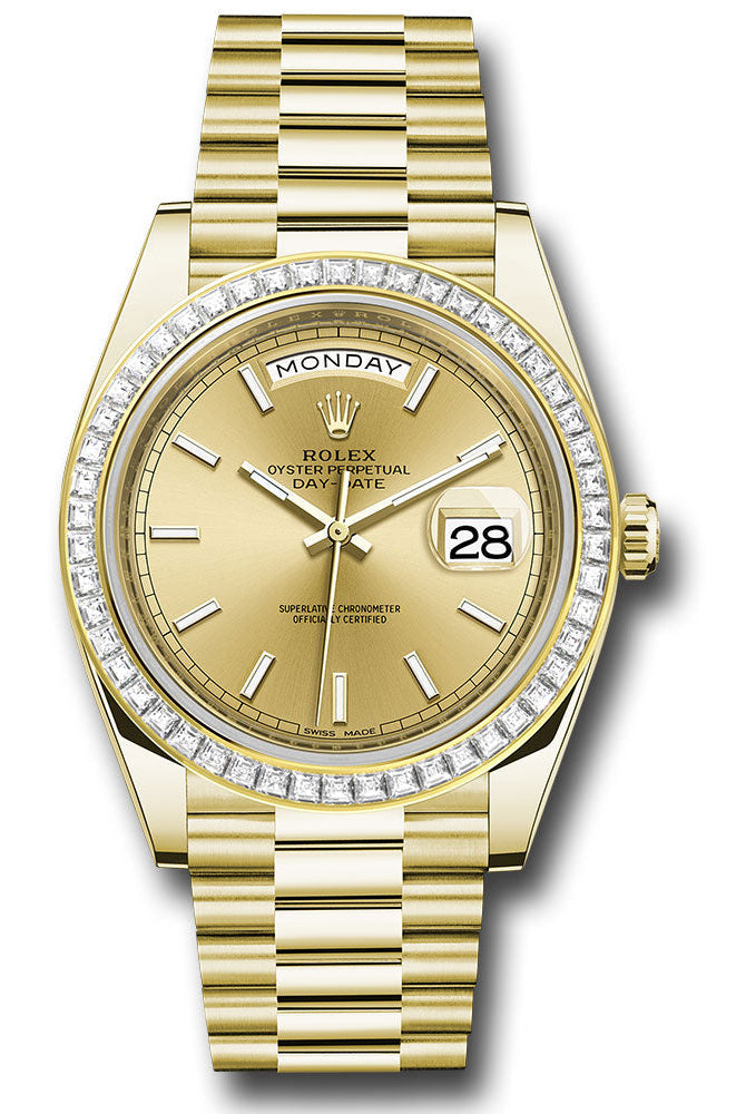 Rolex Yellow Gold Day-Date 40 Watch - Baguette Diamond Bezel - Champagne Index Dial - President Bracelet - 228398TBR chip