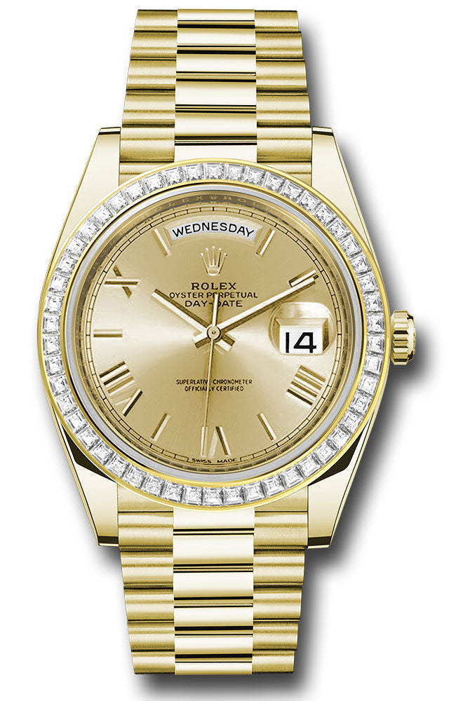 Rolex Yellow Gold Day-Date 40 Watch - Baguette Diamond Bezel - Champagne Bevelled Roman Dial - President Bracelet -