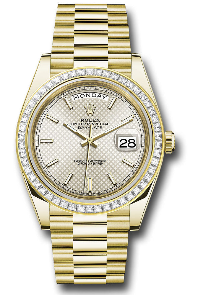 Rolex Yellow Gold Day-Date 40 Watch - Baguette Diamond Bezel - Silver Diagonal Motif Index Dial - President Bracelet -