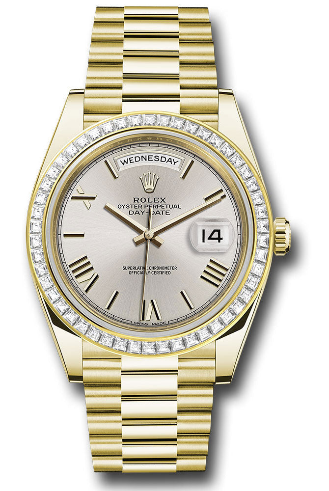 Rolex Yellow Gold Day-Date 40 Watch - Baguette Diamond Bezel - Silver Bevelled Roman Dial - President Bracelet - 228398TBR