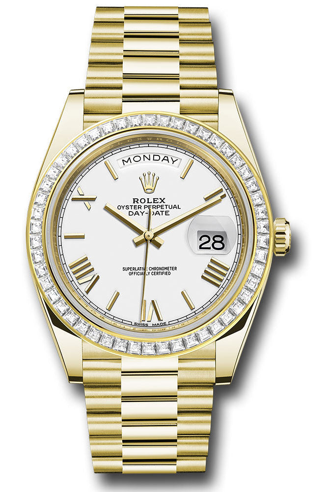 Rolex Yellow Gold Day-Date 40 Watch - Baguette Diamond Bezel - White Bevelled Roman Dial - President Bracelet - 228398TBR wrp