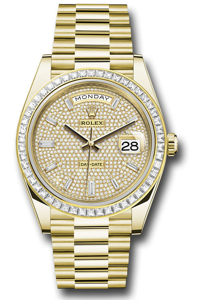 Rolex Yellow Gold Day-Date 40 Watch - Baguette Diamond Bezel - Diamond-Paved Dial - President Bracelet - 228398tbr dpbdp