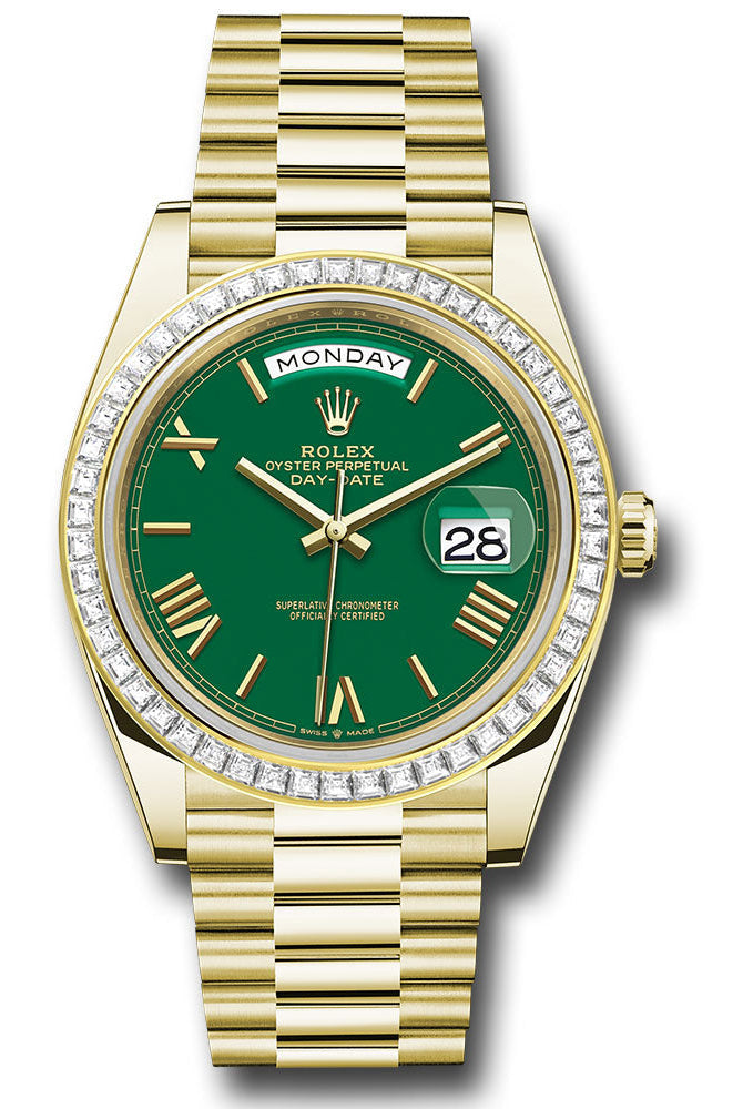 Rolex Yellow Gold Day-Date 40 Watch - Baguette Diamond Bezel - Green Roman Dial - President Bracelet - 228398tbr grrp