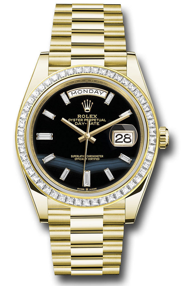Rolex Yellow Gold Day-Date 40 Watch - Baguette Diamond Bezel - Onyx Dial - President Bracelet - 228398tbr onbdp