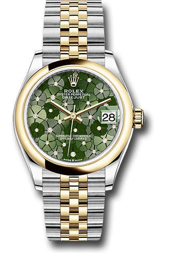 Rolex Yellow Rolesor Datejust 31 Watch - Domed Bezel - Olive Green Floral Motif Diamond 6 Dial - Jubilee Bracelet - 278243