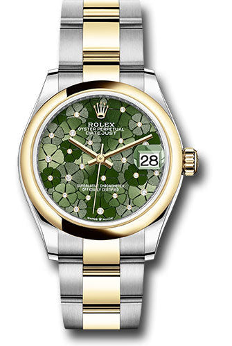 Rolex Yellow Rolesor Datejust 31 Watch - Domed Bezel - Olive Green Floral Motif Diamond 6 Dial - Oyster Bracelet - 278243