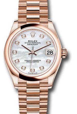 Rolex Everose Gold Datejust 31 Watch - Domed Bezel - Silver Diamond Dial - President Bracelet - 278245 mdp