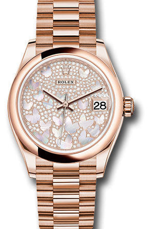 Rolex Everose Gold Datejust 31 Watch - Domed Bezel - Diamond Paved Butterfly Dial - President Bracelet - 278245 pmopbp