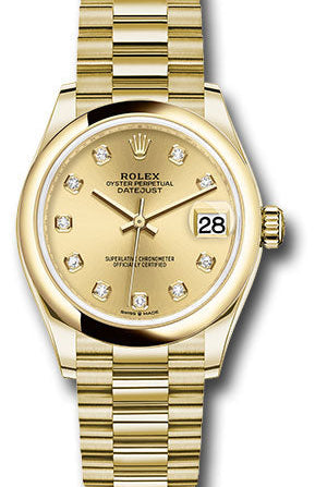 Rolex Yellow Gold Datejust 31 Watch - Domed Bezel - Champagne Diamond Dial - President Bracelet - 278248 chdp