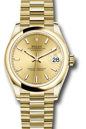 Rolex Yellow Gold Datejust 31 Watch - Domed Bezel - Champagne Index Dial - President Bracelet - 278248 chip