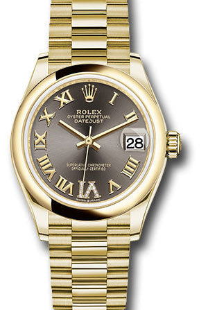Rolex Yellow Gold Datejust 31 Watch - Domed Bezel - Dark Grey Diamond Six Dial - President Bracelet - 278248 dkgdr6p