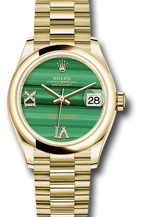 Rolex Yellow Gold Datejust 31 Watch - Domed Bezel - Malachite Diamond Six and Nine Dial - President Bracelet - 278248 madr69p