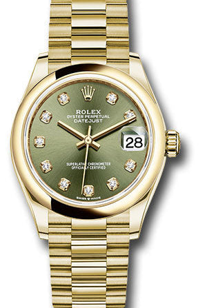 Rolex Yellow Gold Datejust 31 Watch - Domed Bezel - Olive Green Diamond Dial - President Bracelet - 278248 ogdp
