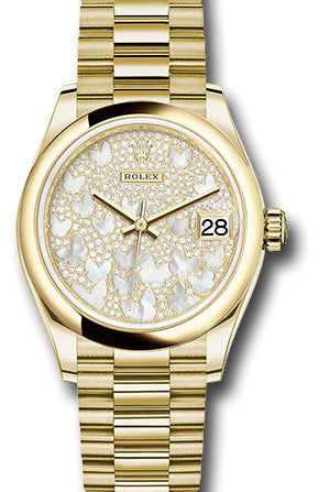 Rolex Yellow Gold Datejust 31 Watch - Domed Bezel - Paved Mother-of-Pearl Butterfly Dial - President Bracelet - 278248 pmopbp