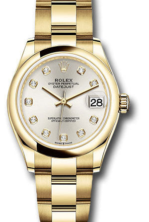 Rolex Yellow Gold Datejust 31 Watch - Domed Bezel - Silver Diamond Dial - Oyster Bracelet - 278248 sdo