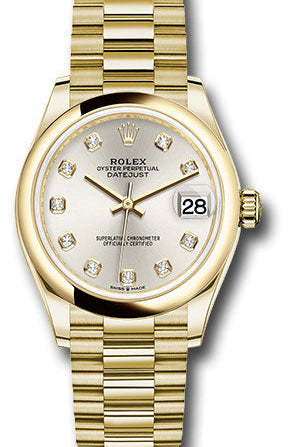 Rolex Yellow Gold Datejust 31 Watch - Domed Bezel - Silver Diamond Dial - President Bracelet - 278248 sdp