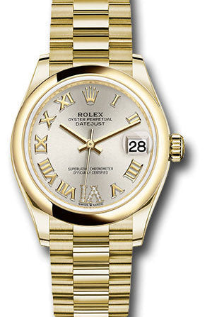 Rolex Yellow Gold Datejust 31 Watch - Domed Bezel - Silver Diamond Six Dial - President Bracelet - 278248 sdr6p