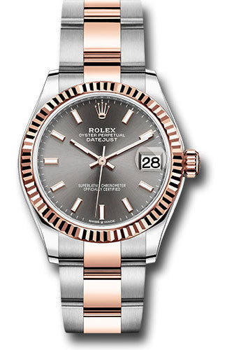 Rolex Steel and Everose Gold Datejust 31 Watch - Fluted Bezel - Dark Rhodium Index Dial - Oyster Bracelet - 278271 dkrhio