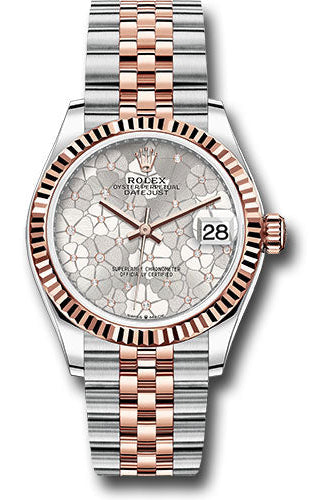 Rolex Everose Rolesor Datejust 31 Watch - Fluted Bezel - Silver Floral Motif Diamond Dial - Jubilee Bracelet - 278271 sflomdj