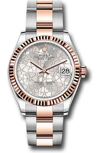Rolex Everose Rolesor Datejust 31 Watch - Fluted Bezel - Silver Floral Motif Diamond Dial - Oyster Bracelet - 278271 sflomdo