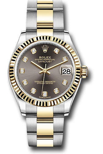 Rolex Steel and Yellow Gold Datejust 31 Watch - Fluted Bezel - Dark Grey Diamond Dial - Oyster Bracelet - 278273 dkgdo