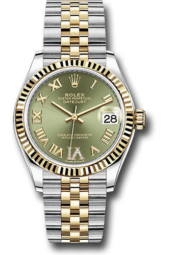 Rolex Steel and Yellow Gold Datejust 31 Watch - Fluted Bezel - Olive Green Diamond Roman Six Dial - Jubilee Bracelet -