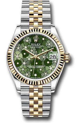 Rolex Yellow Rolesor Datejust 31 Watch - Fluted Bezel - Olive Green Floral Motif Diamond 6 Dial - Jubilee Bracelet - 278273