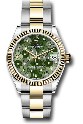 Rolex Yellow Rolesor Datejust 31 Watch - Fluted Bezel - Olive Green Floral Motif Diamond 6 Dial - Oyster Bracelet - 278273