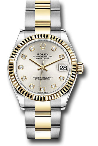 Rolex Steel and Yellow Gold Datejust 31 Watch - Fluted Bezel - Silver Diamond Dial - Oyster Bracelet - 278273 sdo