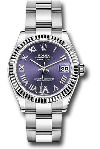 Rolex Steel and White Gold Datejust 31 Watch - Fluted Bezel - Aubergine Roman Diamond 6 Dial - Oyster Bracelet - 278274 aubdr6o