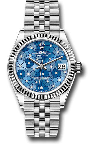 Rolex White Rolesor Datejust 31 Watch - Fluted Bezel - Azzurro Blue Floral Motif Diamond Dial - Jubilee Bracelet - 278274 azflomdj