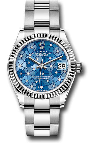 Rolex White Rolesor Datejust 31 Watch - Fluted Bezel - Azzurro Blue Floral Motif Diamond Dial - Oyster Bracelet - 278274 azflomdo