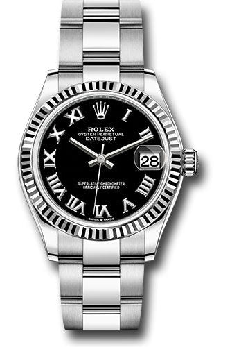 Rolex Steel and White Gold Datejust 31 Watch - Fluted Bezel - Black Roman Dial - Oyster Bracelet - 278274 bkro