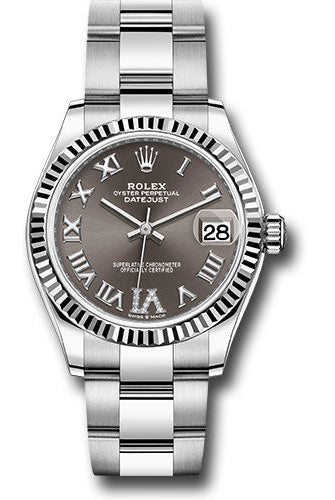 Rolex Steel and White Gold Datejust 31 Watch - Fluted Bezel - Dark Grey Roman Diamond 6 Dial - Oyster Bracelet - 278274 dkgdr6o
