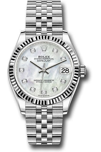 Rolex Steel and White Gold Datejust 31 Watch - Fluted Bezel - White Mother-Of-Pearl Diamond Dial - Jubilee Bracelet - 278274 mdj