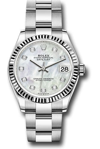 Rolex Steel and White Gold Datejust 31 Watch - Fluted Bezel - White Mother-Of-Pearl Diamond Dial - Oyster Bracelet - 278274 mdo