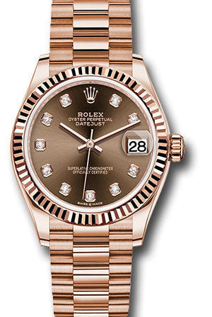 Rolex Everose Gold Datejust 31 Watch - Fluted Bezel - Chocolate Diamond Dial - President Bracelet - 278275 chodp