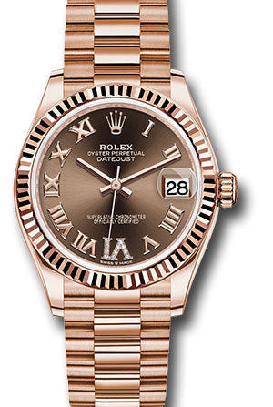 Rolex Everose Gold Datejust 31 Watch - Fluted Bezel - Chocolate Diamond Six Dial - President Bracelet - 278275 chodr6p
