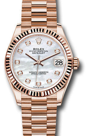 Rolex Everose Gold Datejust 31 Watch - Fluted Bezel - Silver Diamond Dial - President Bracelet - 278275 mdp