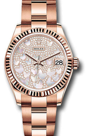 Rolex Everose Gold Datejust 31 Watch - Fluted Bezel - Diamond Paved Butterfly Dial - Oyster Bracelet - 278275 pmopbo