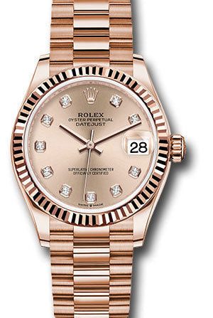 Rolex Everose Gold Datejust 31 Watch - Fluted Bezel - RosŽ Diamond Dial - President Bracelet - 278275 rsdp
