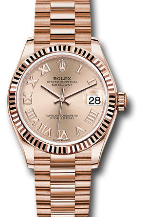 Rolex Everose Gold Datejust 31 Watch - Fluted Bezel - RosŽ Roman Dial - President Bracelet - 278275 rsrp