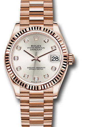 Rolex Everose Gold Datejust 31 Watch - Fluted Bezel - Silver Diamond Dial - President Bracelet - 278275 sdp
